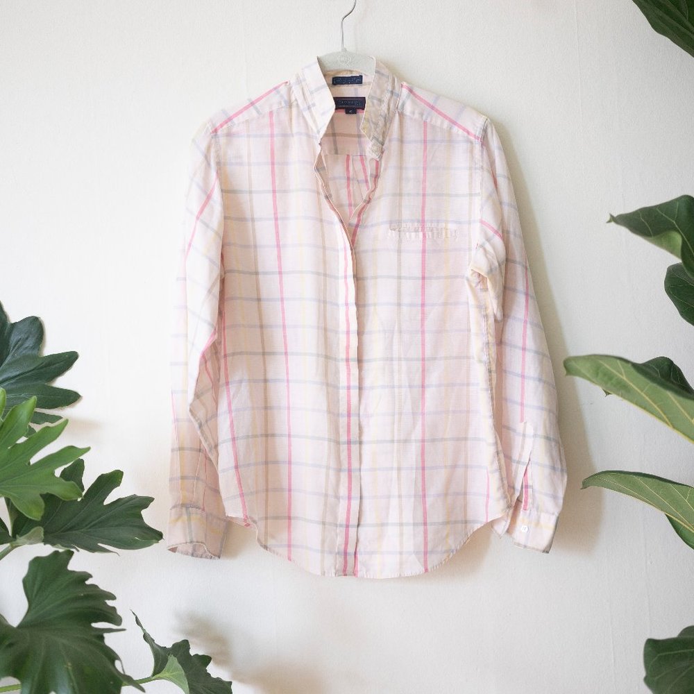 80's vintage pink mandarin plaid shirt cottagecore